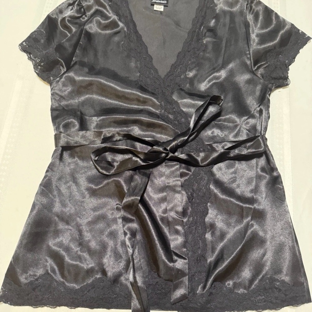 Fredericks Of Hollywood Black Satin Lace Wrap Blouse Petite Medium Sexy
Top